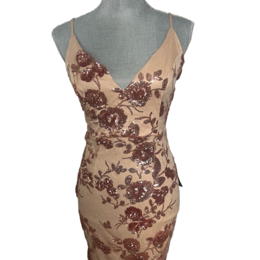 Lulu’s rose gold sequin mermaid maxi dress, empire waist sheer mesh Small